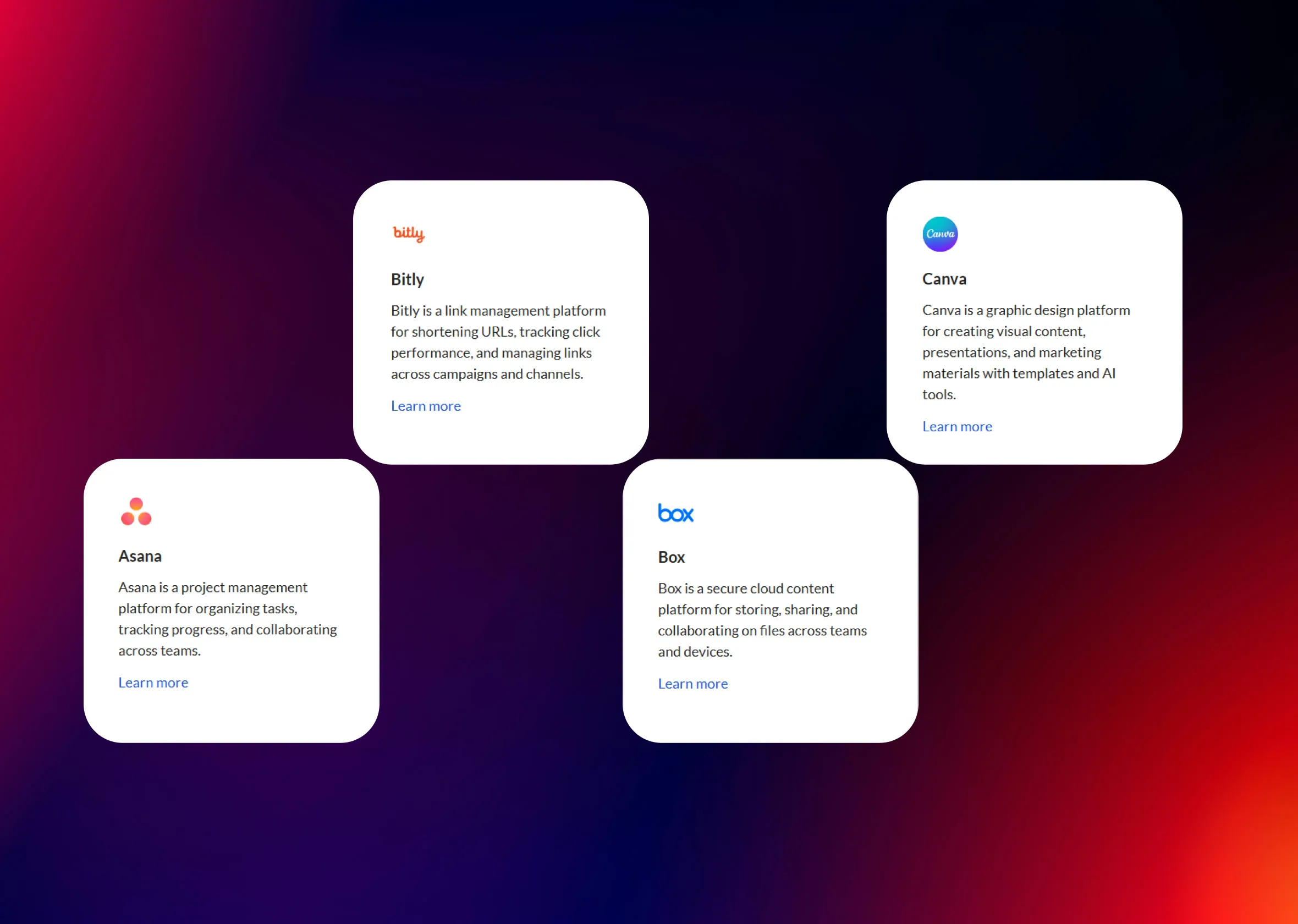 Four Autohive integration cards floating on a red and blue gradient.