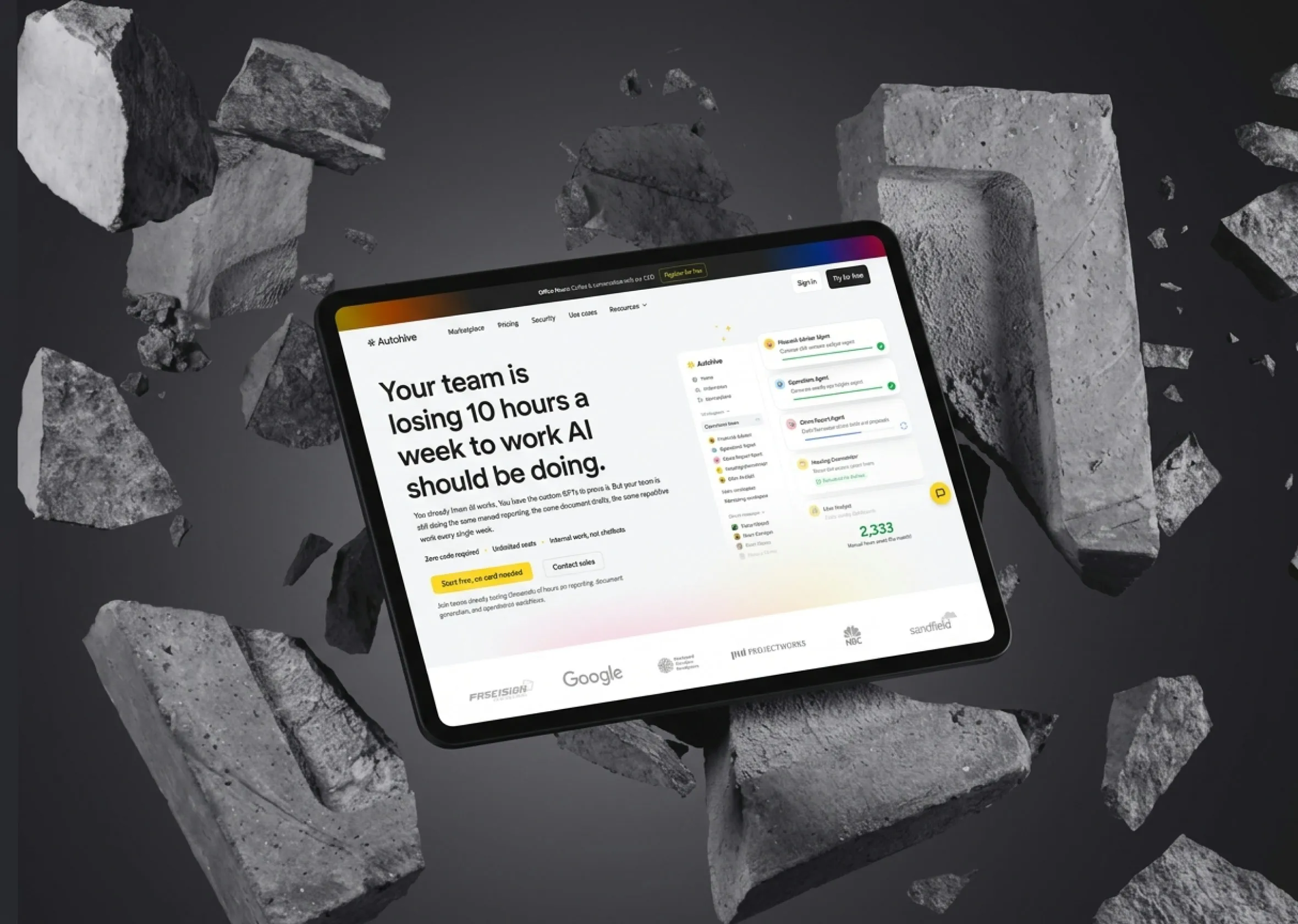 The Autohive home page on a tablet resting on black rock.