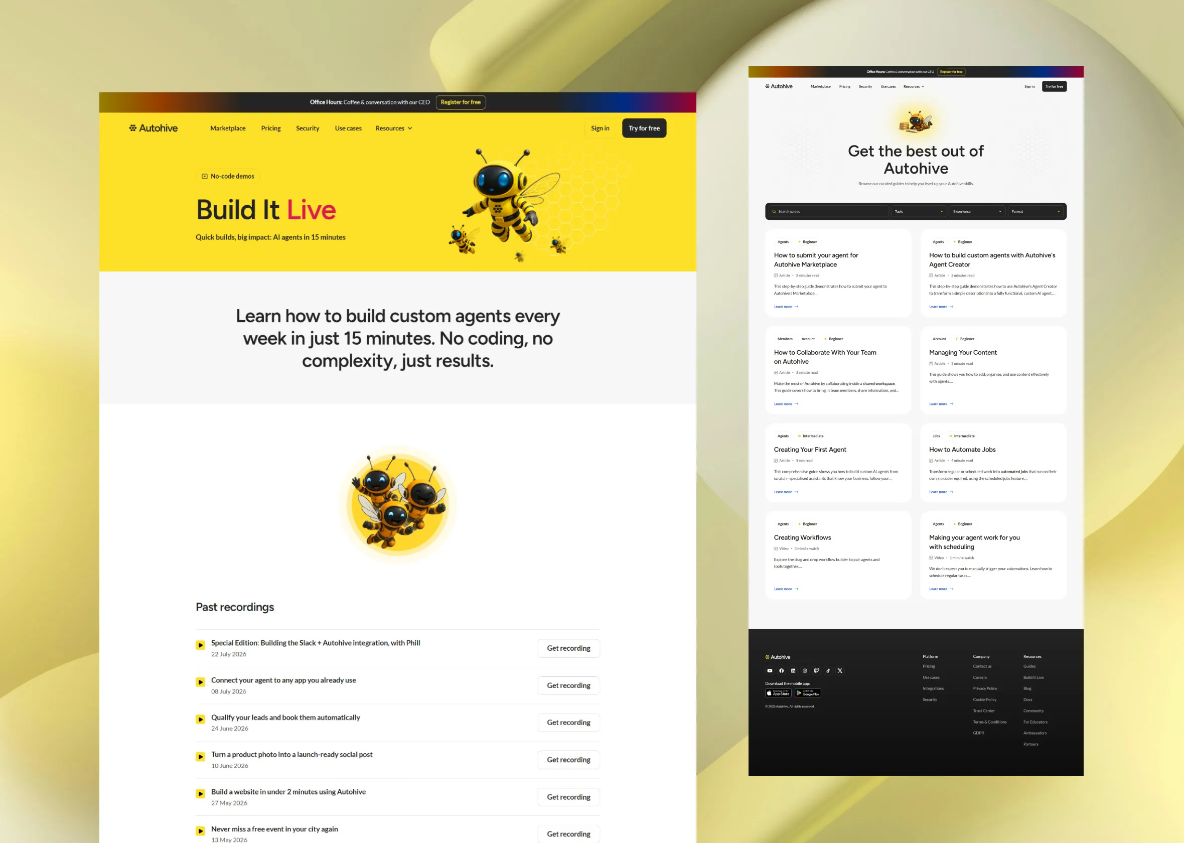 Two Autohive pages side by side: the yellow "Build It Live" session page and a dark help page.