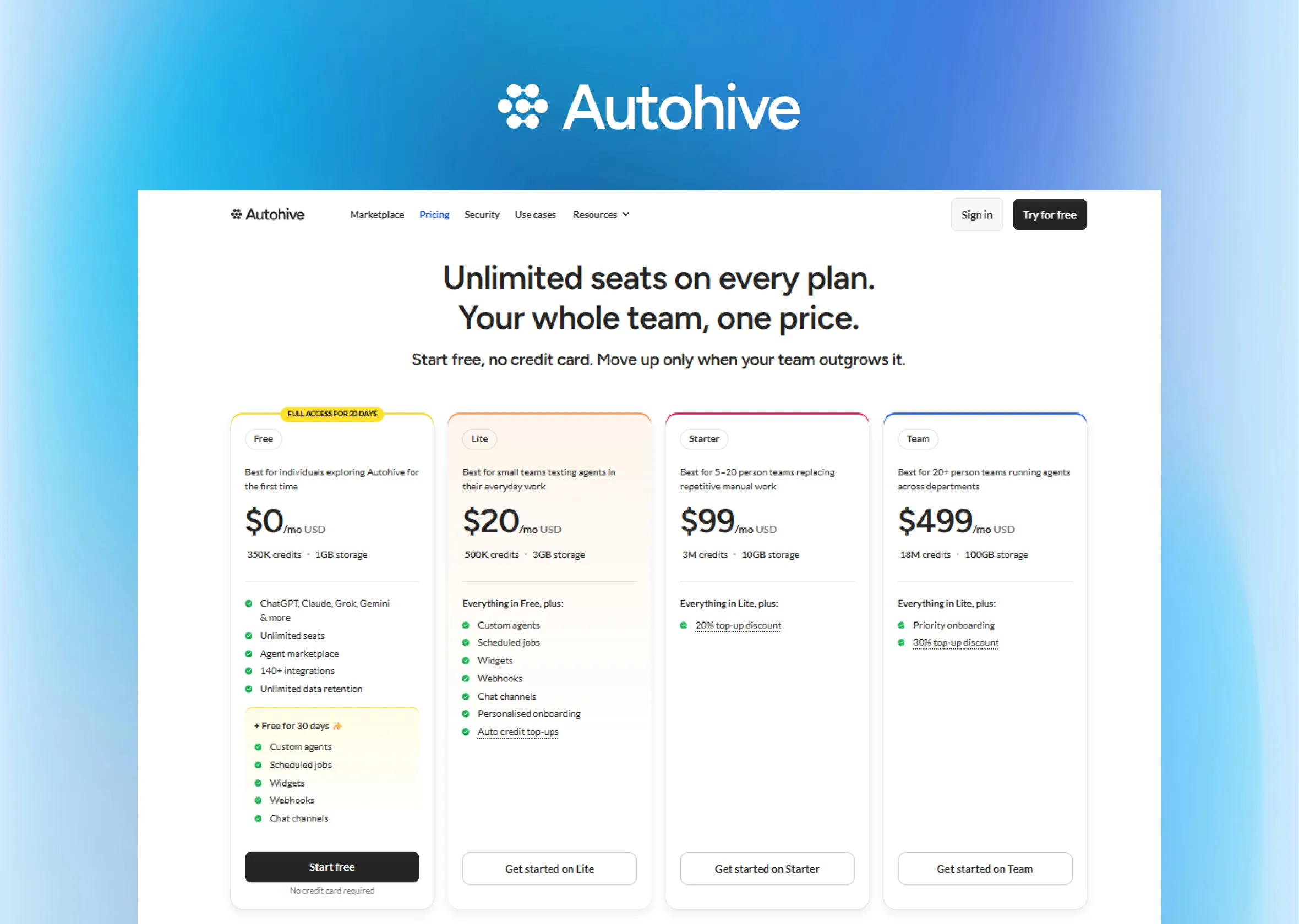 The Autohive pricing page on a blue gradient: "Unlimited seats on every plan."