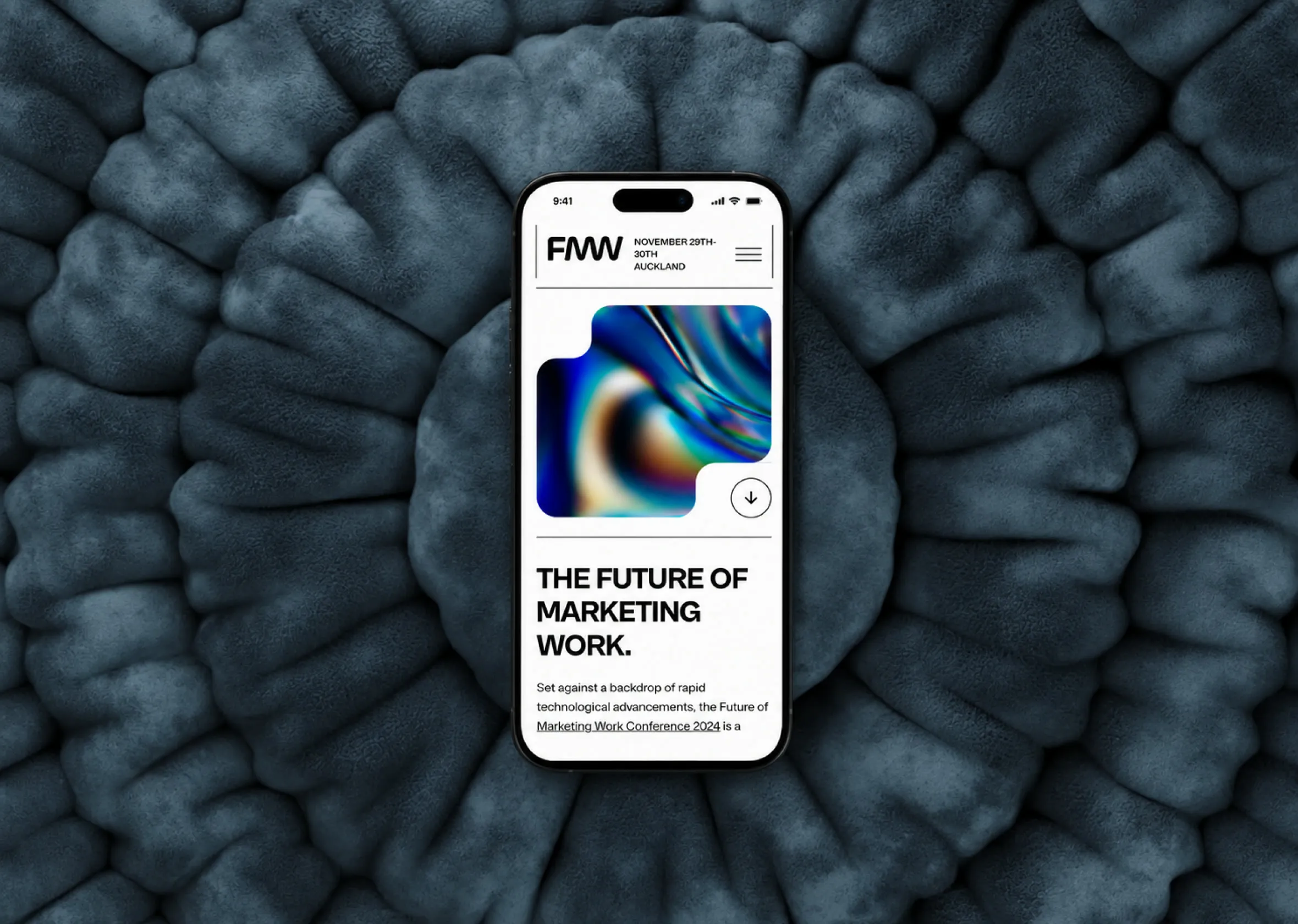 The Future of Marketing Work site on a phone, on a dark textured ground.
