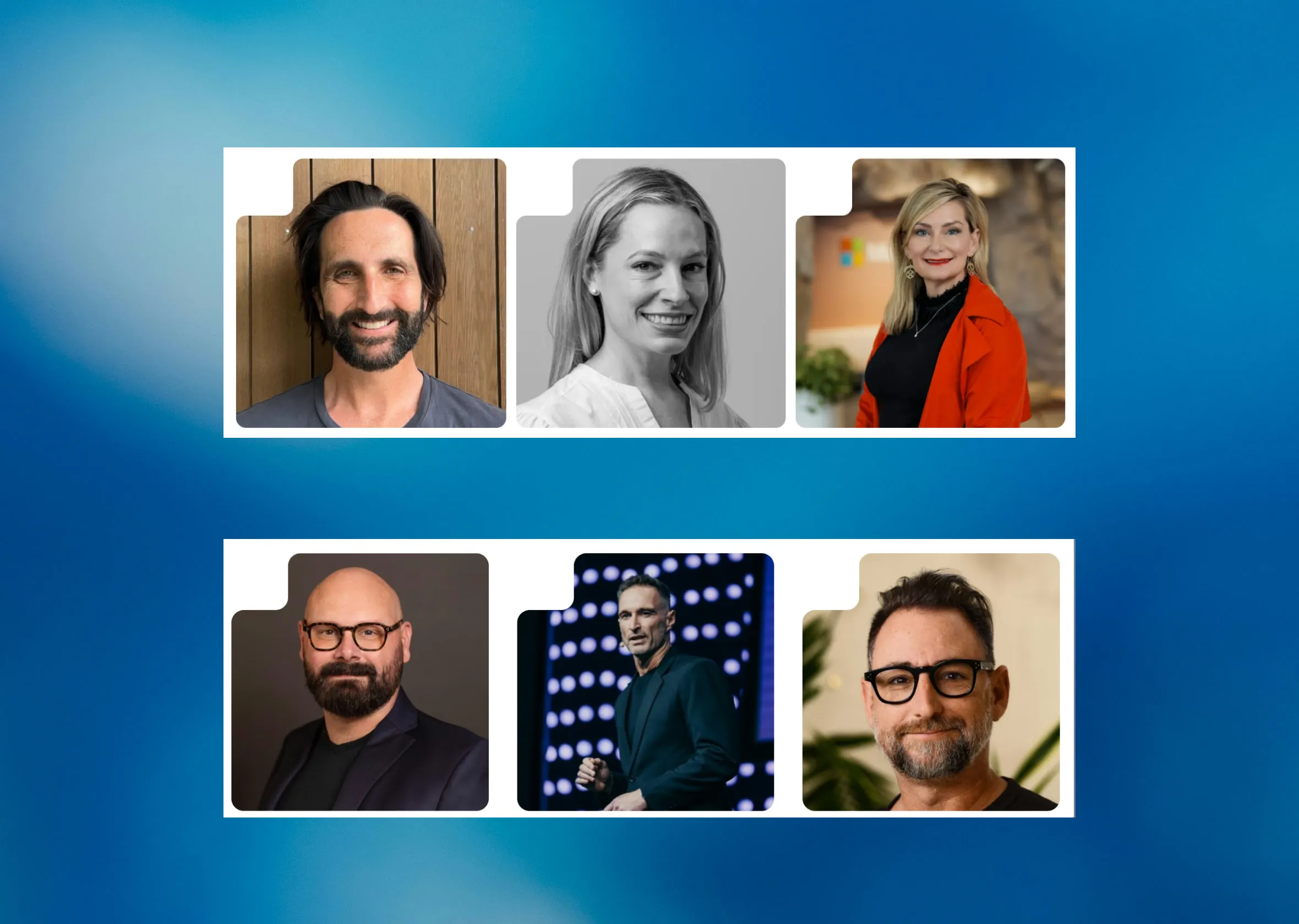 Six speaker portraits in a grid on a blue gradient.