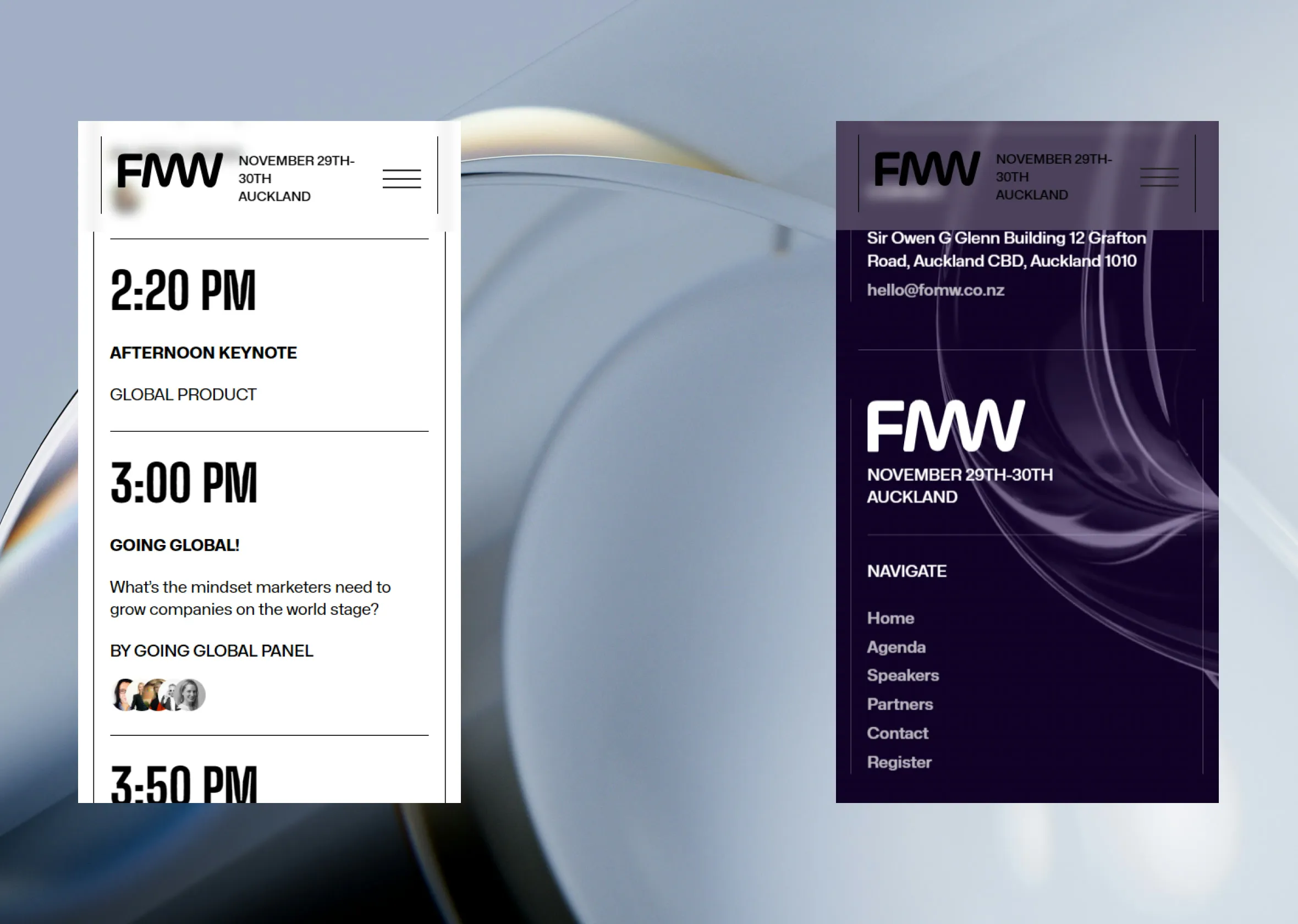 Printed agenda cards on a pale surface, the afternoon sessions listed by time.