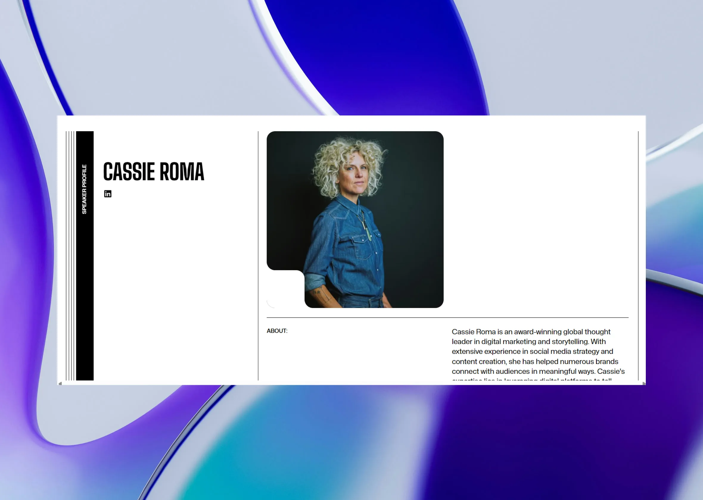 A speaker page for Cassie Roma, her portrait beside her biography.