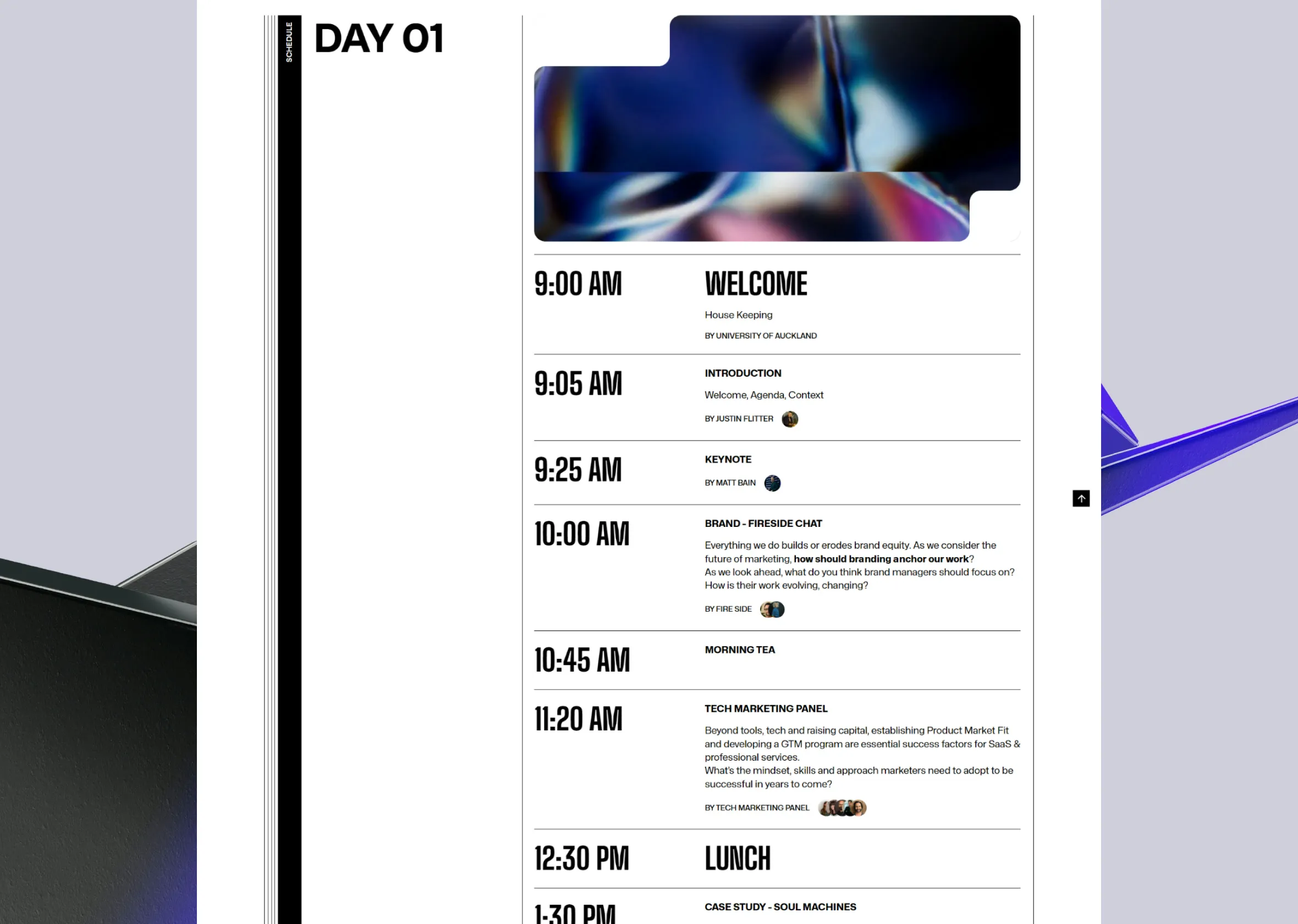 The Day 01 schedule, welcome through to lunch.