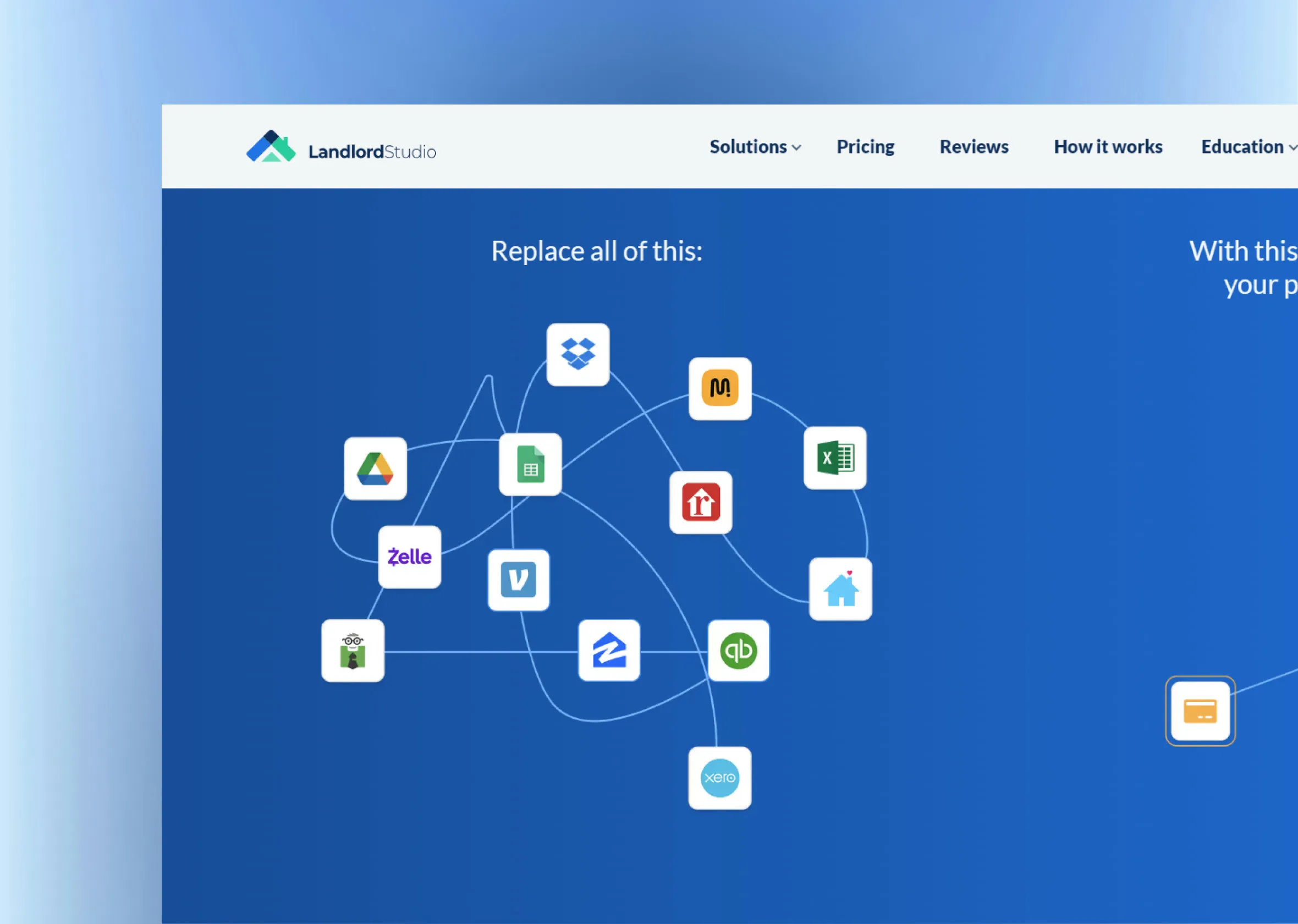 A Landlord Studio diagram on blue: the stack of separate apps it replaces.