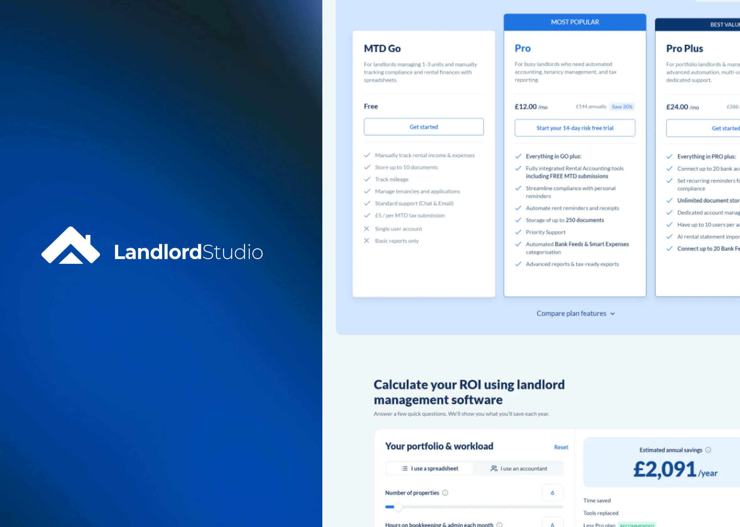 The Landlord Studio mark on navy beside its plan comparison and ROI calculator.