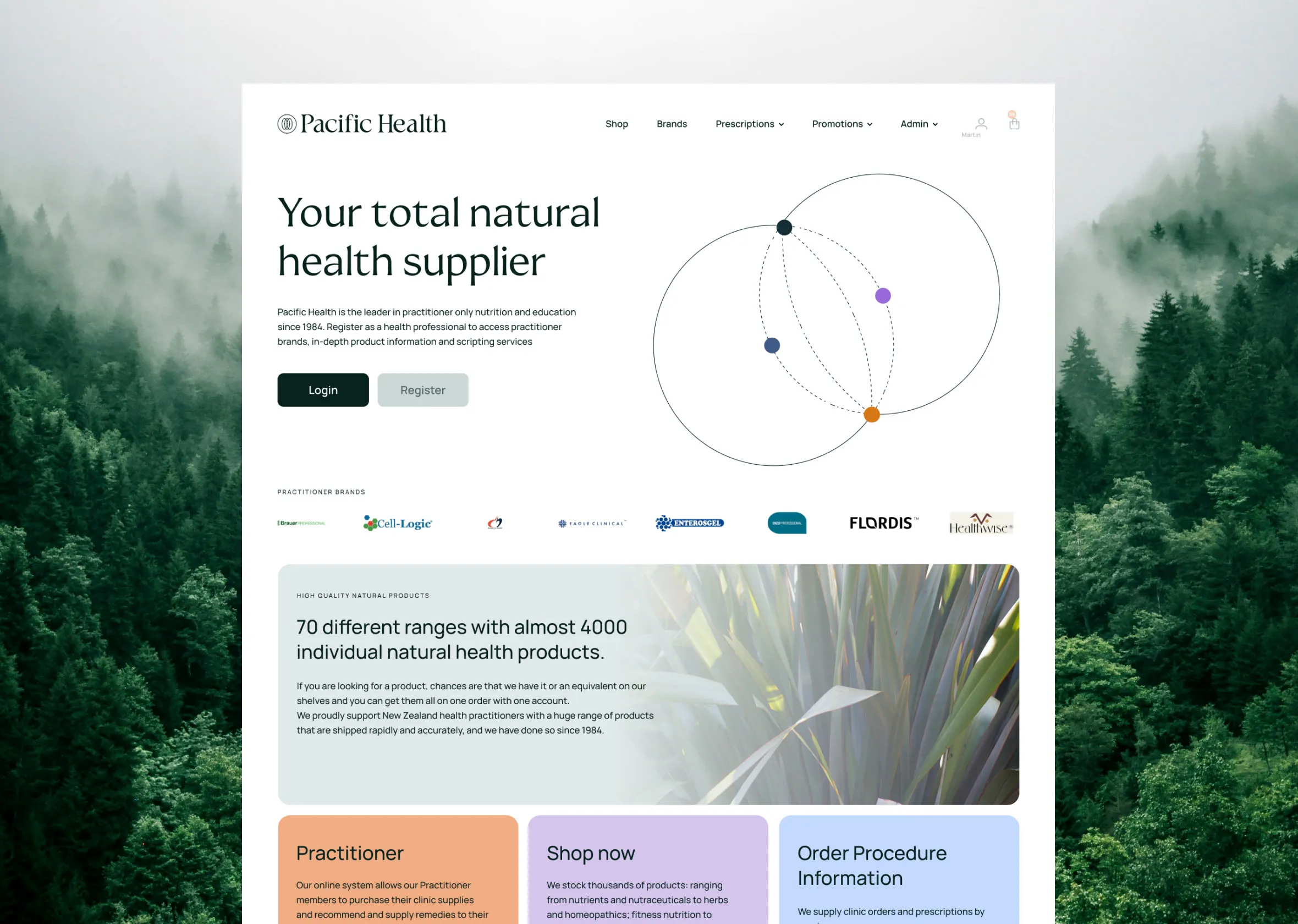 The Pacific Health home page over a misty forest: "Your total natural health supplier."