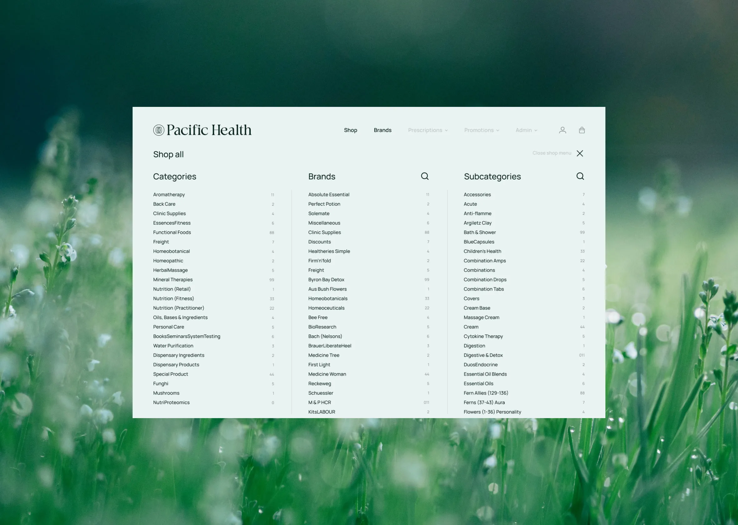 The Pacific Health shop-all listing, its categories and brands, over dewy grass.