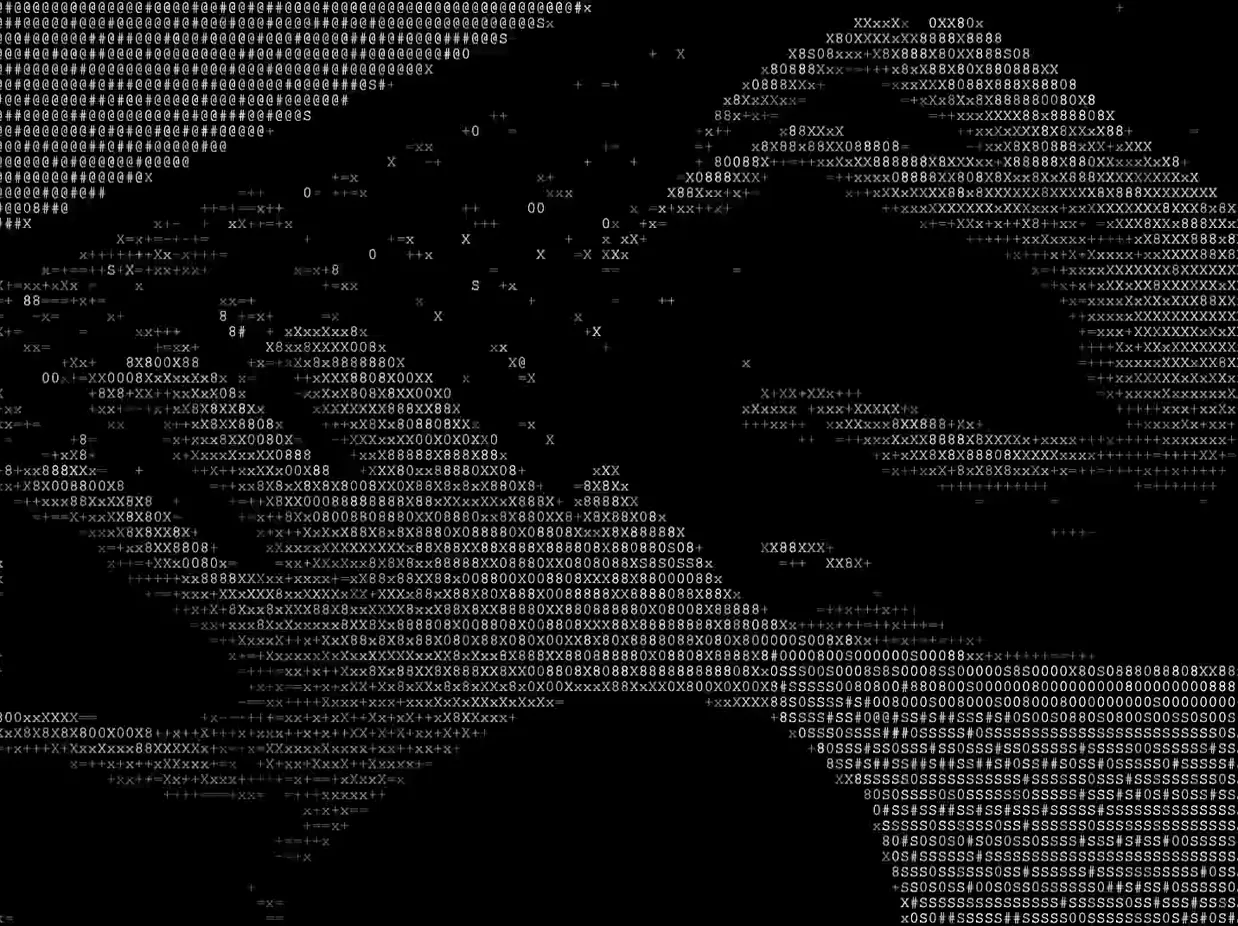 A face in profile rendered in dense ASCII characters, fading into scattered marks.
