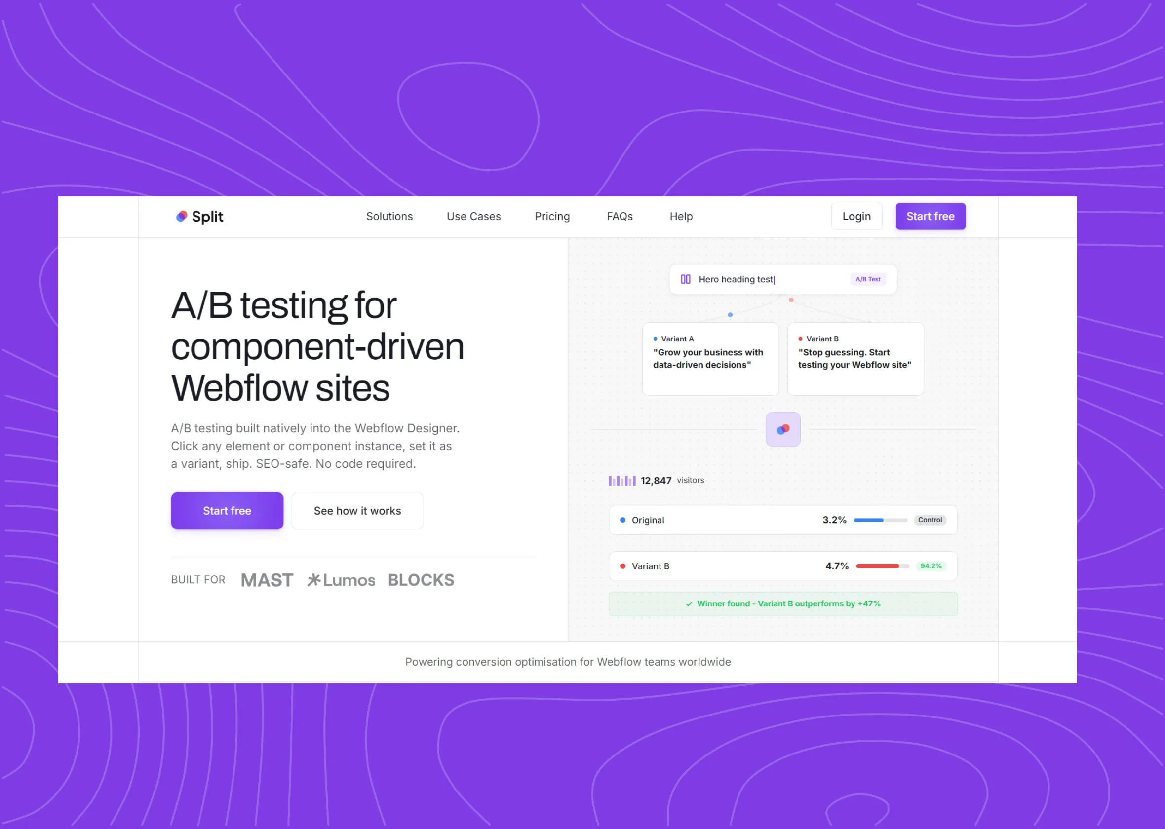 The Split home page on violet: "A/B testing for component-driven Webflow sites."