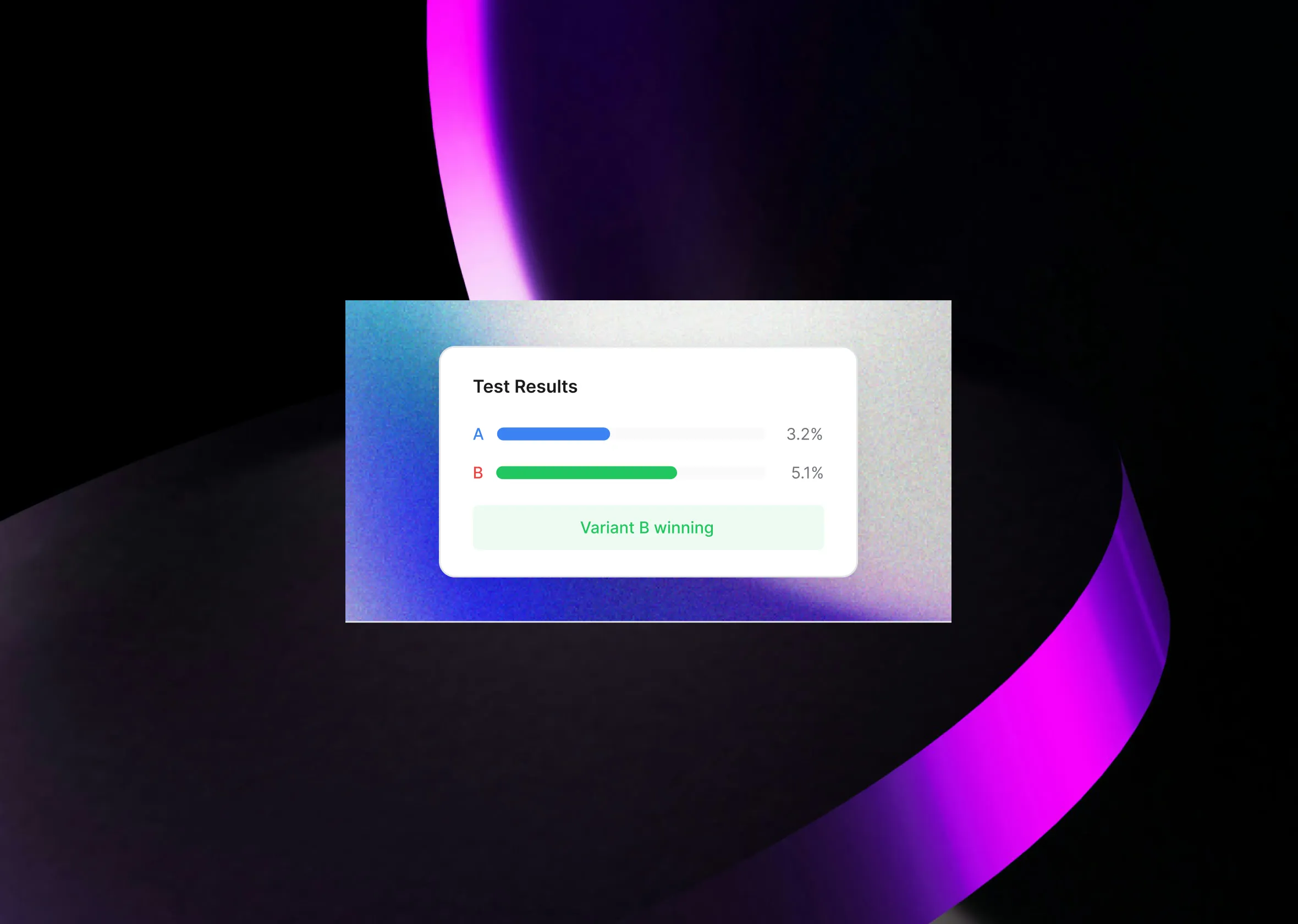 A Split test-results card on a black and magenta swirl, one variant ahead of the other.